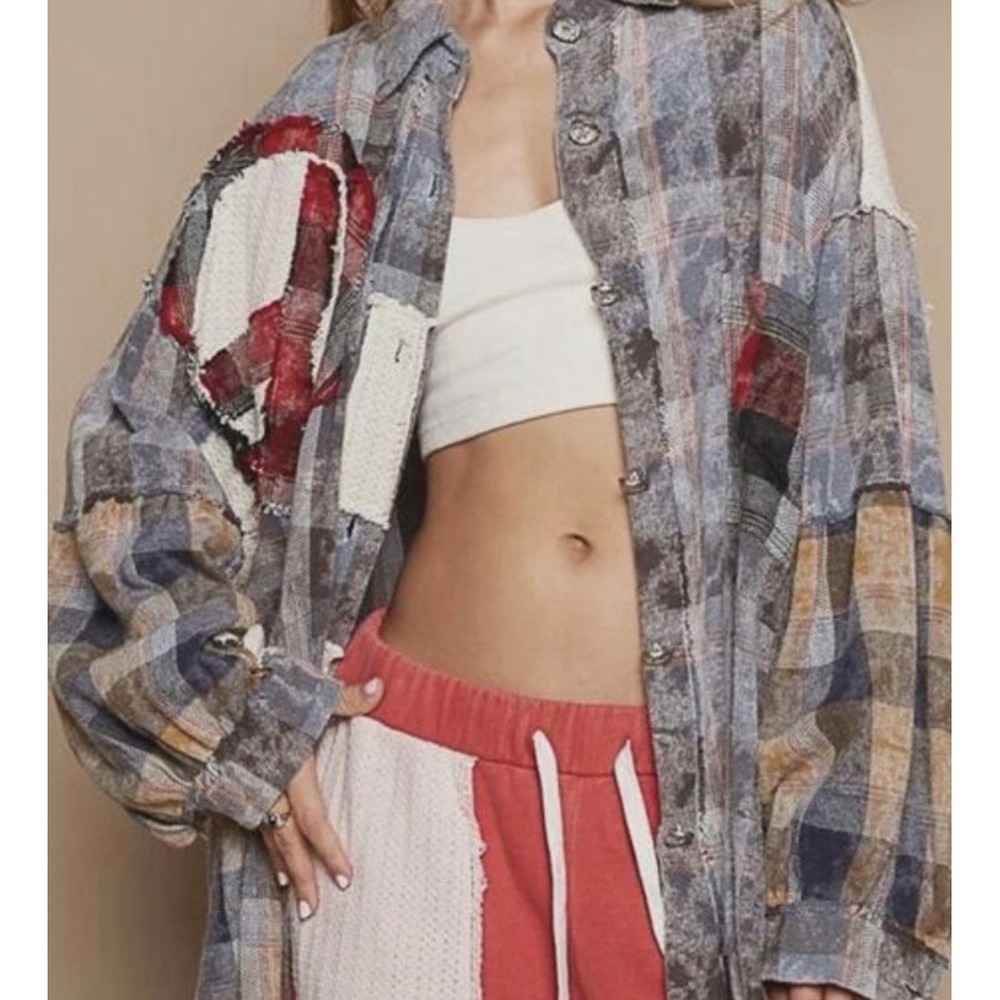 NEW POL Peace Plaid Patchwork Oversize Button Down Bohemian Shirt Shacket Size S